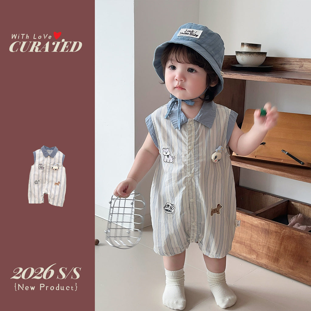 Romper Vest Stripe Cartoon Applique Bodysuit Stylish Summer Crawling Suit