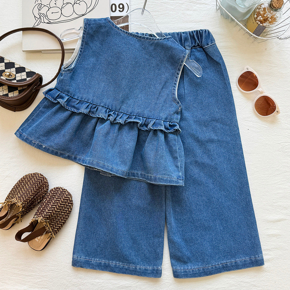 Girls' Washed Soft Denim Cross Flower Vest Se