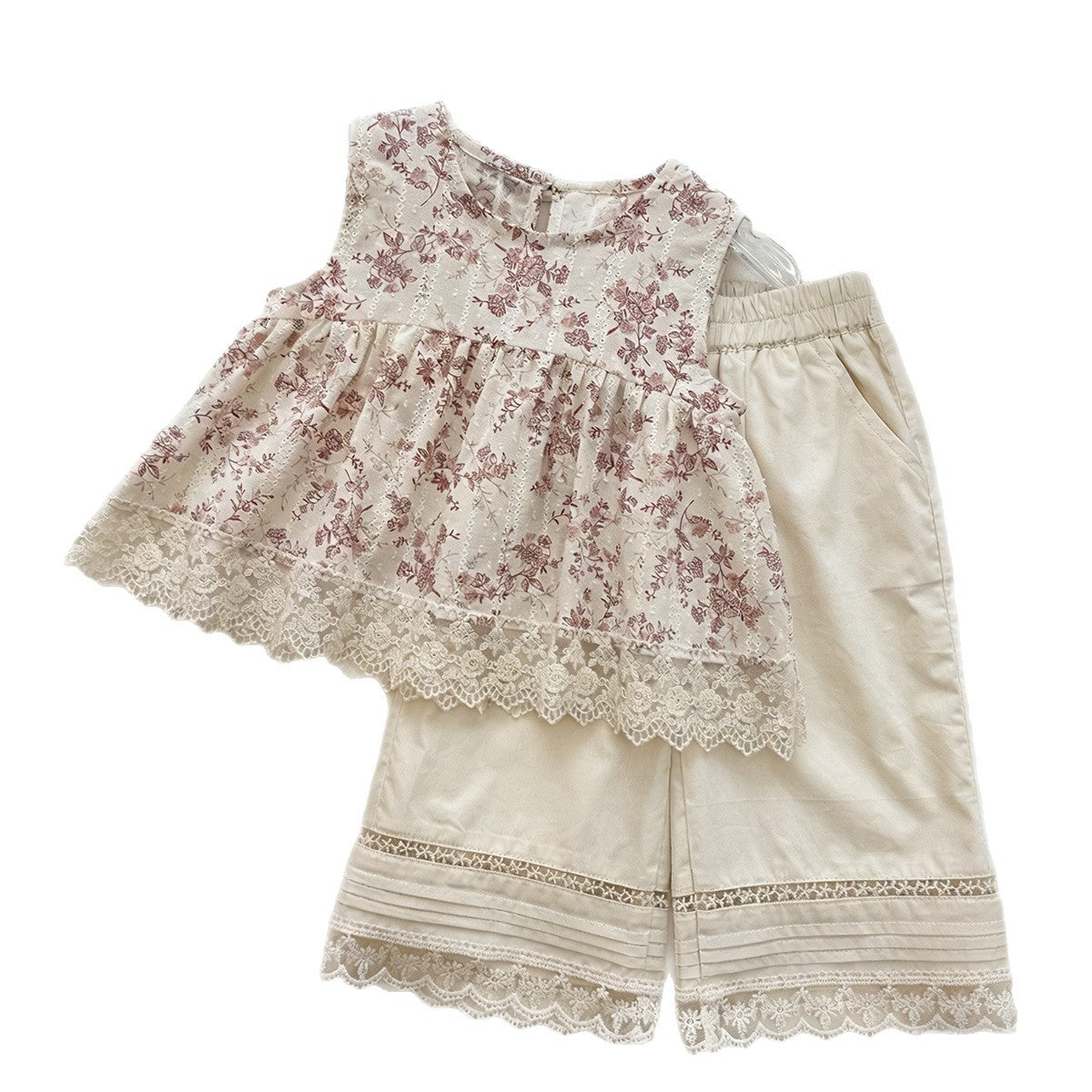Floral Sleeveless Back Buttoned Doll Shirt Set for Girls