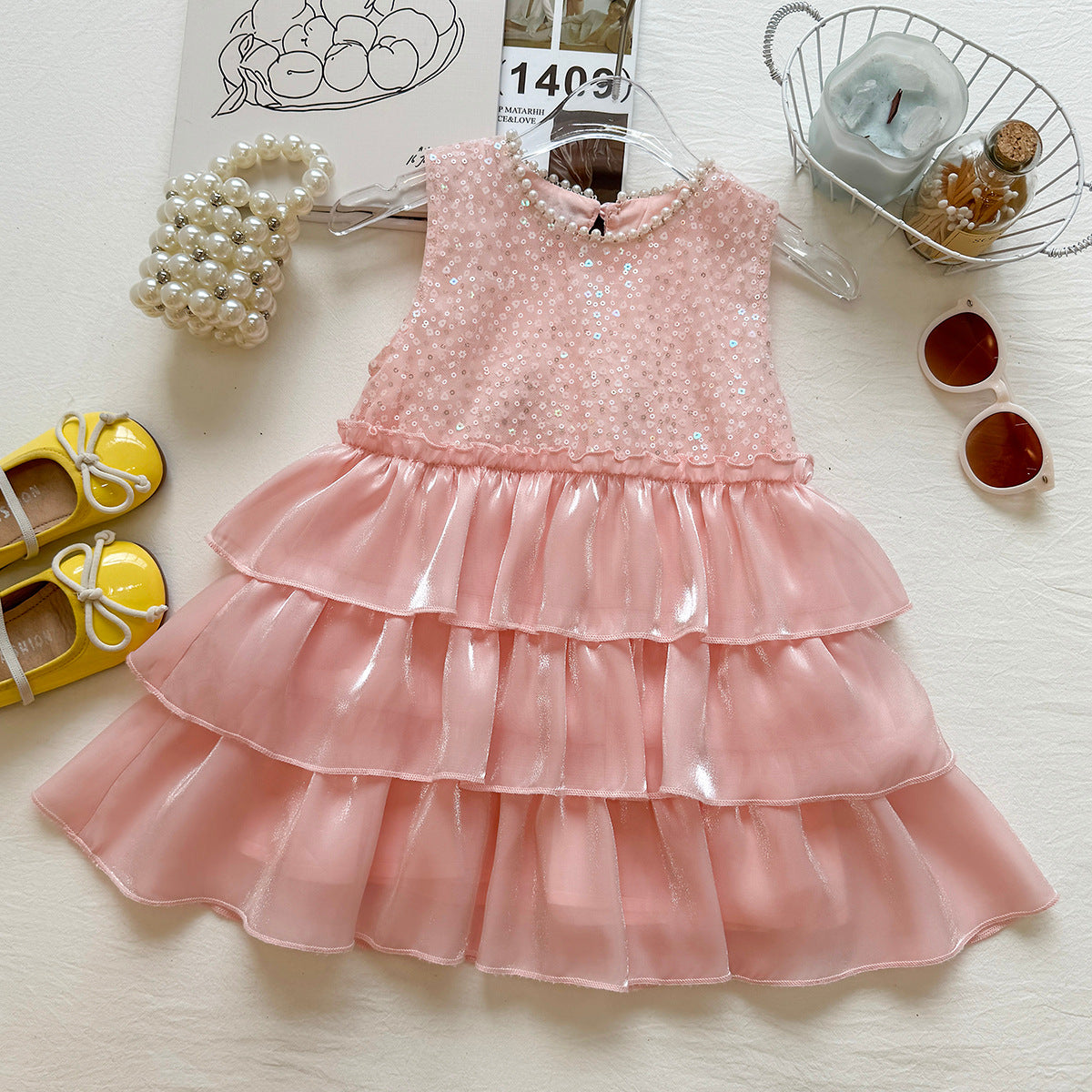 Girls Round Neck Sequin Sleeveless Dress Back Button Large Bow Tulle Spliced Princess Dress