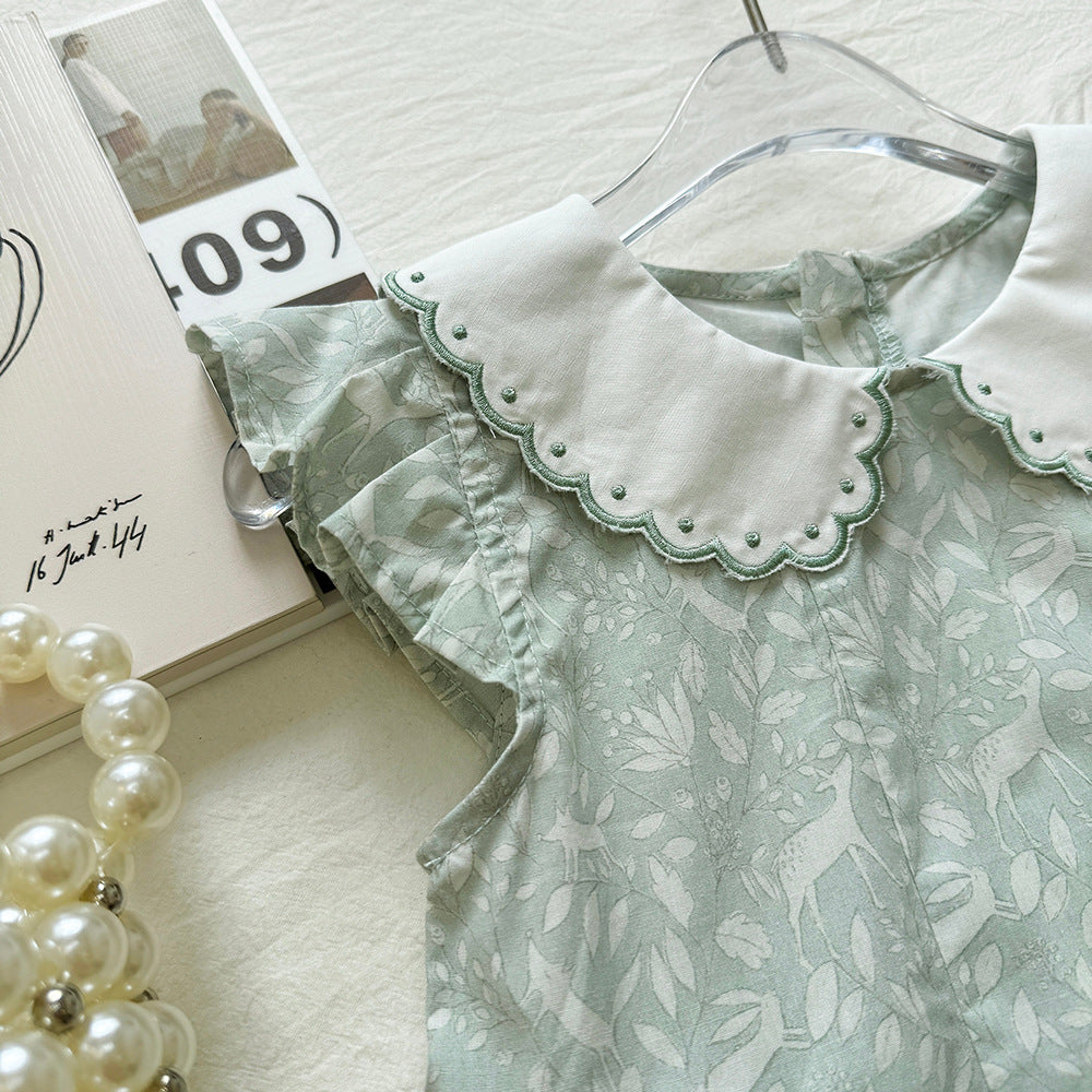 Cute Deer Print Peter Pan Collar Flutter Sleeve Dress for Girls