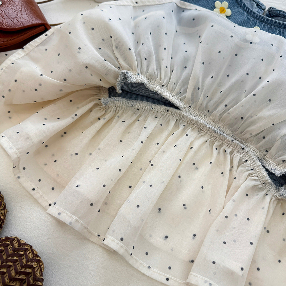 Polka Dot Mesh Denim Sleeveless Top Set for Girls Denim Pants Two-Piece Set