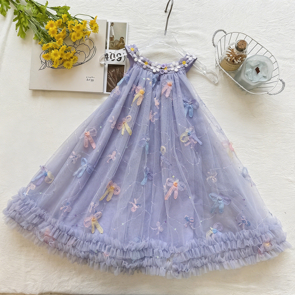 Pastel Color Bow Lace Dress for Girls, Flower Sleeveless Sequin Princess Dress