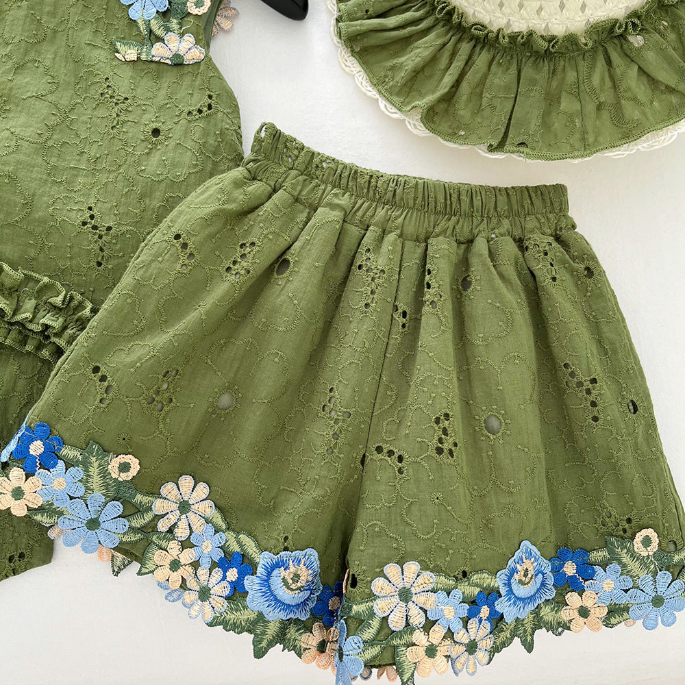 Floral Backless Top with Bow Sleeveless Vest and Ruffle Shorts Set for Girls