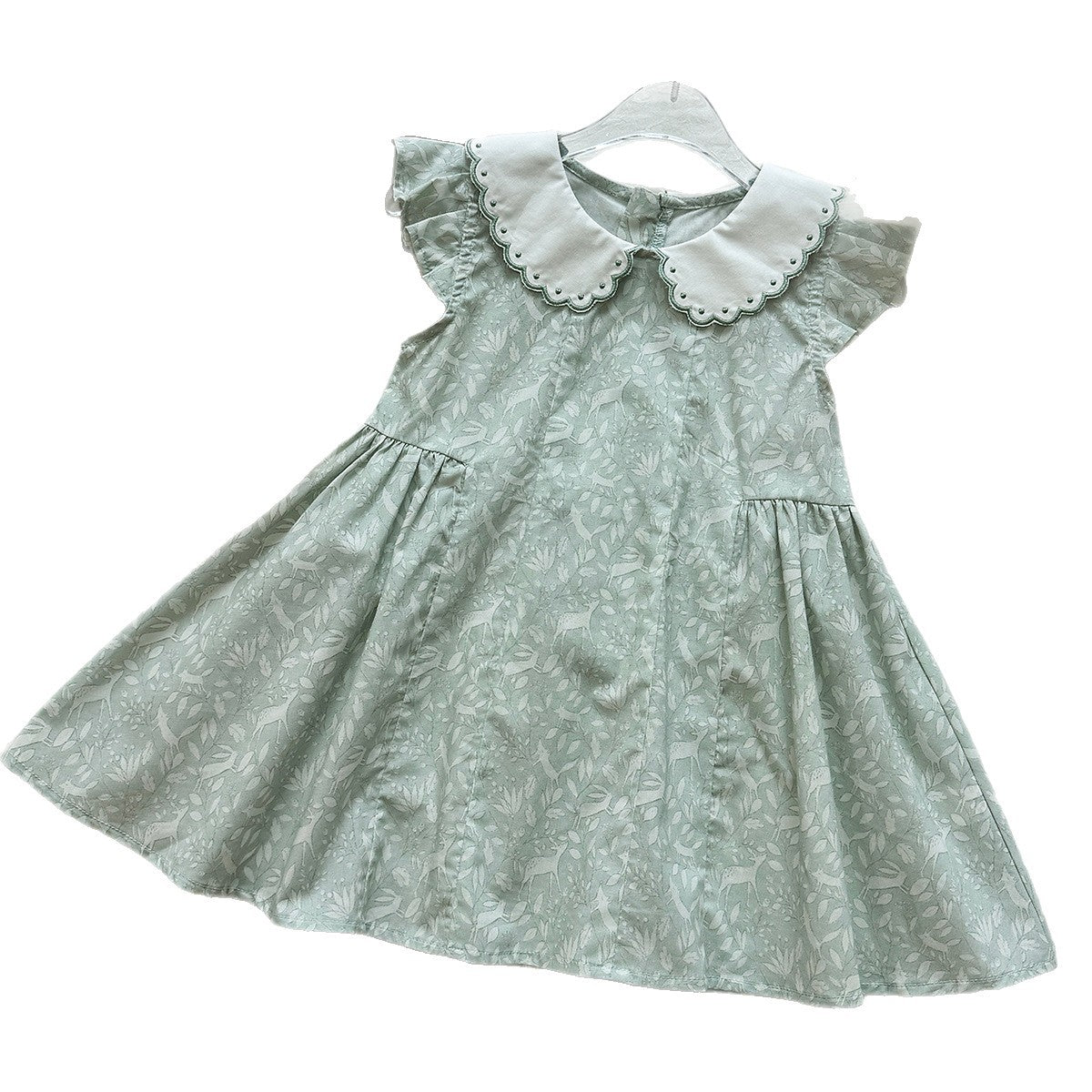 Cute Deer Print Peter Pan Collar Flutter Sleeve Dress for Girls