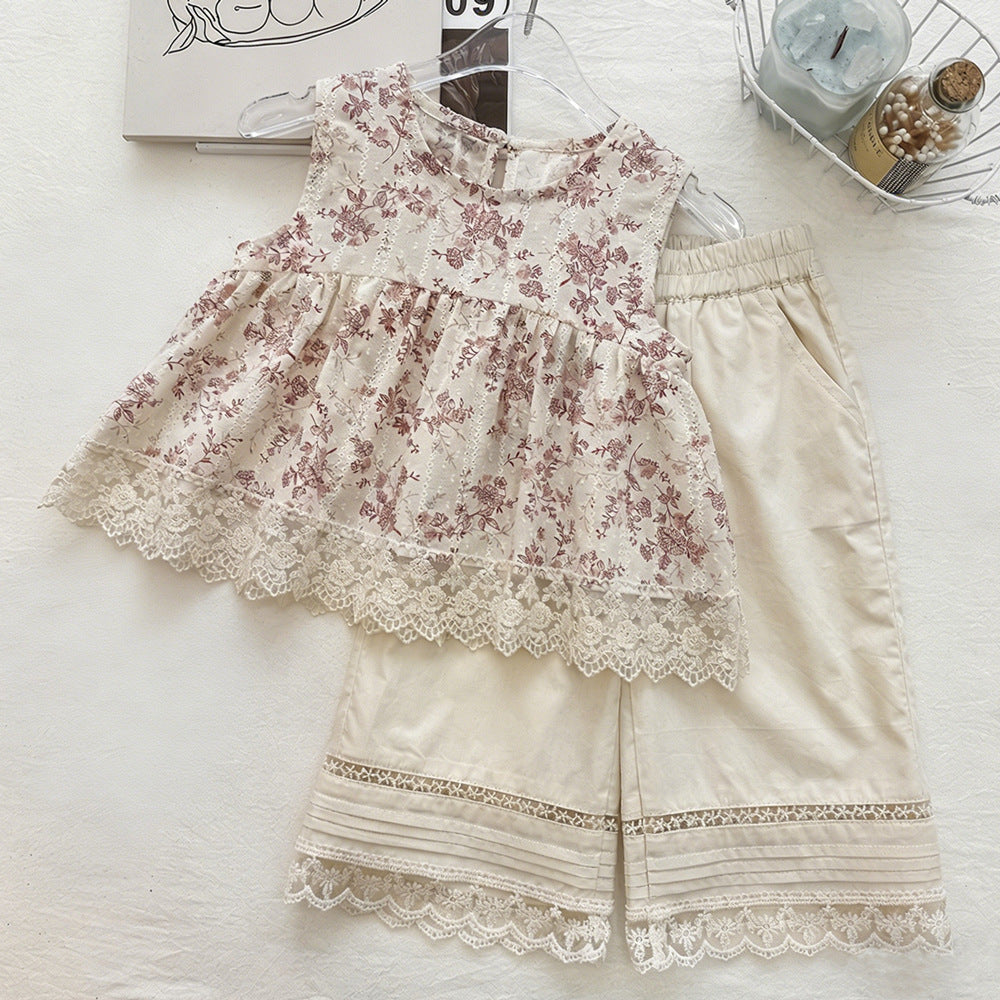 Floral Sleeveless Back Buttoned Doll Shirt Set for Girls