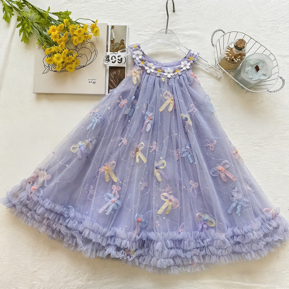 Pastel Color Bow Lace Dress for Girls, Flower Sleeveless Sequin Princess Dress