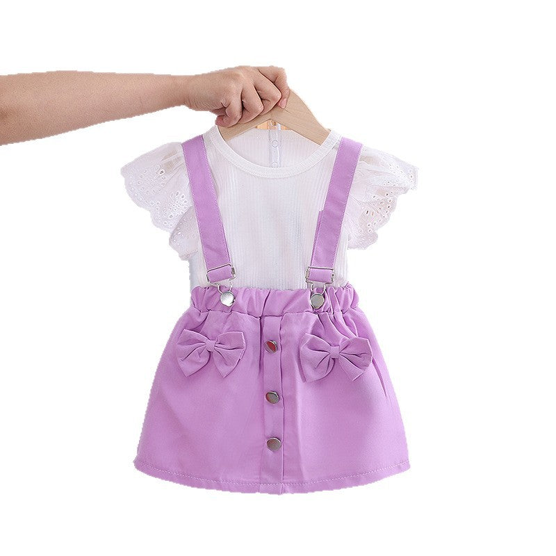Summer thin girls' short sleeved overalls two-piece set