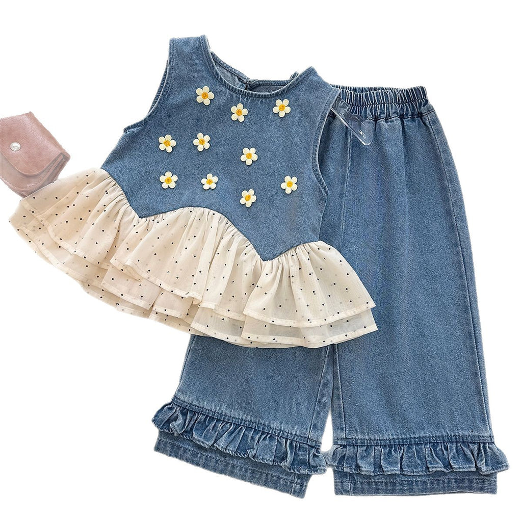 Polka Dot Mesh Denim Sleeveless Top Set for Girls Denim Pants Two-Piece Set