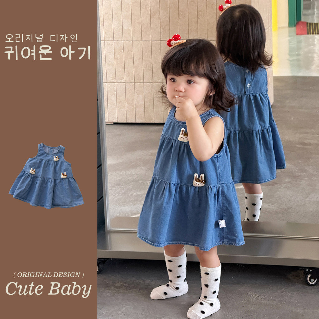 Girl Soft and Cute Denim Overall Dress Cartoon Rabbit Doll Dress Sleeveless Princess Dress for Toddlers