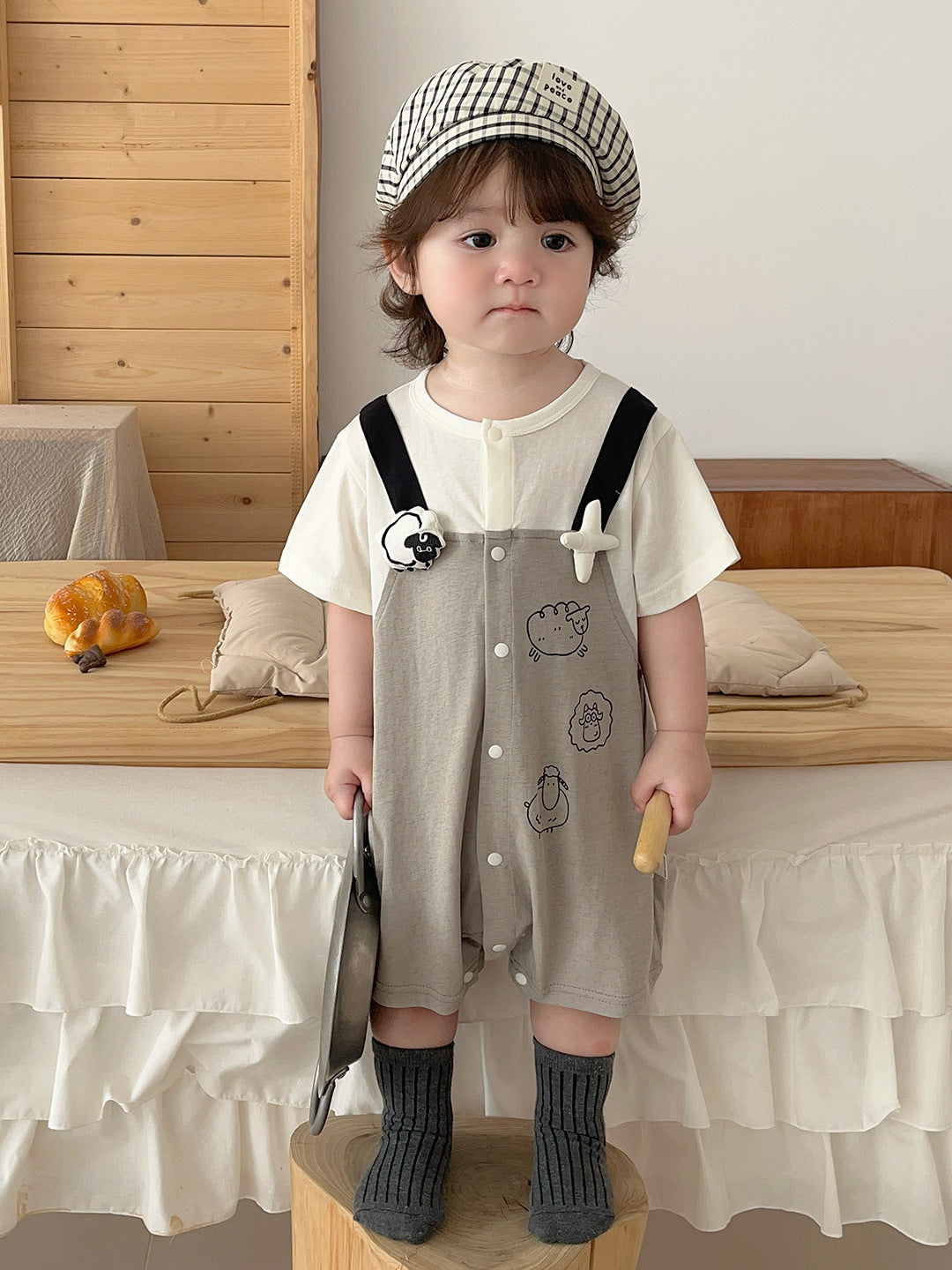 Seal Design Two-Piece Overalls, Cute Summer Short Sleeve Bodysuit