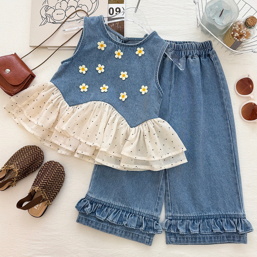 Polka Dot Mesh Denim Sleeveless Top Set for Girls Denim Pants Two-Piece Set