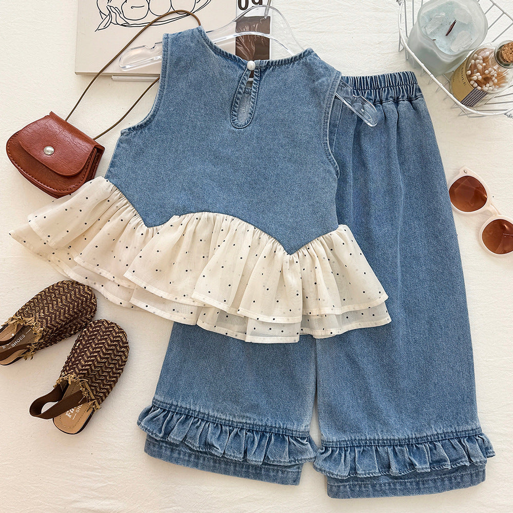 Polka Dot Mesh Denim Sleeveless Top Set for Girls Denim Pants Two-Piece Set